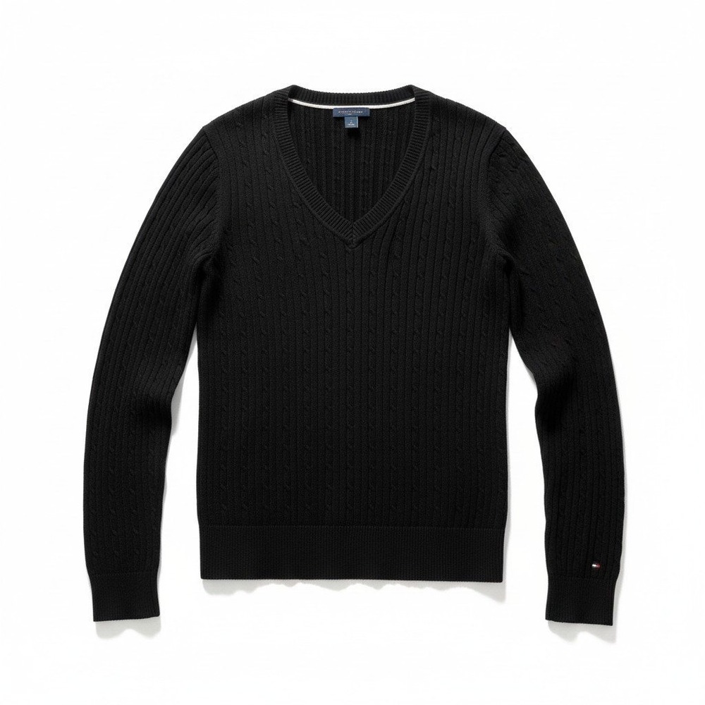 Tommy Hilfiger M Black Cable Knit V-Neck Sweater Womens Preppy Casual